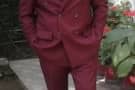 Burgundy Red Suit with Blue and Brown Accessories