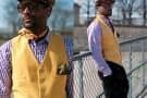 Karl-Edwin Guerre in Purple Checked Shirt with Yellow Doeskin vVest, Silk Paisley Neckkerchief & Tweed Hat by Vanesse Jackman