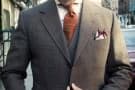Brown Glen Urquhart 3 Piece Suit wth Salmon Shirt & Orange Knit Tie