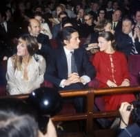 Alain Delon in Navy Suit with Dotted Tie & Striped Shirt with Cuff Links