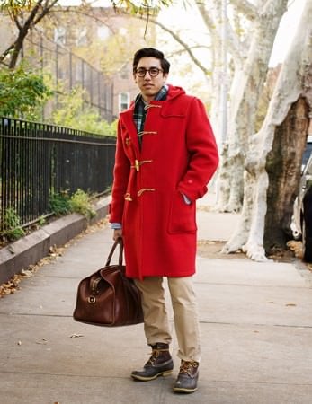 F.E. Castleberry in red Gloverall duffle coat