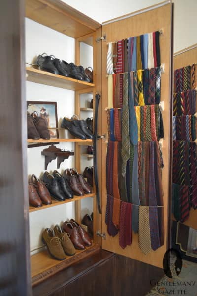 Shoe & tie storage in old book shelf