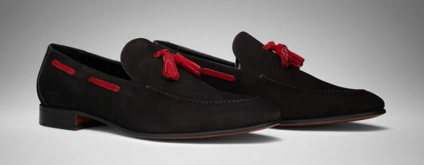 Scarosso Model Mezzano Tassel Loafer in black suede with red tassels
