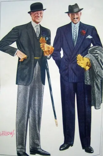 Fashion Illustration from the 1930s showing a stroller suit with black notch lapel jacket and solid twill grey pants on the left and a navy chalk stripe suit on the right