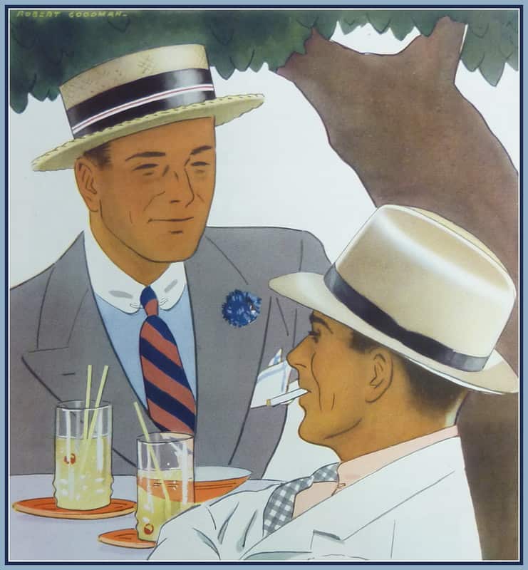 Raja Panama Hat Ad from 1934 showing a gentleman in a boater hat and one in a Panama hat