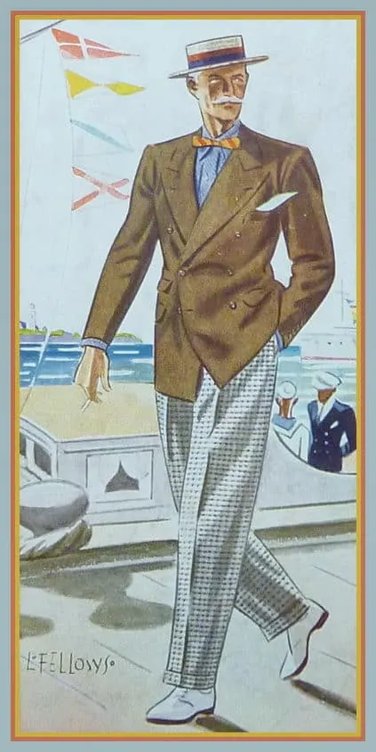 An art illustration from the 1930s showing an older white man in a brown double-breast summer jacket with cheque trousers, white shoes, and straw hat