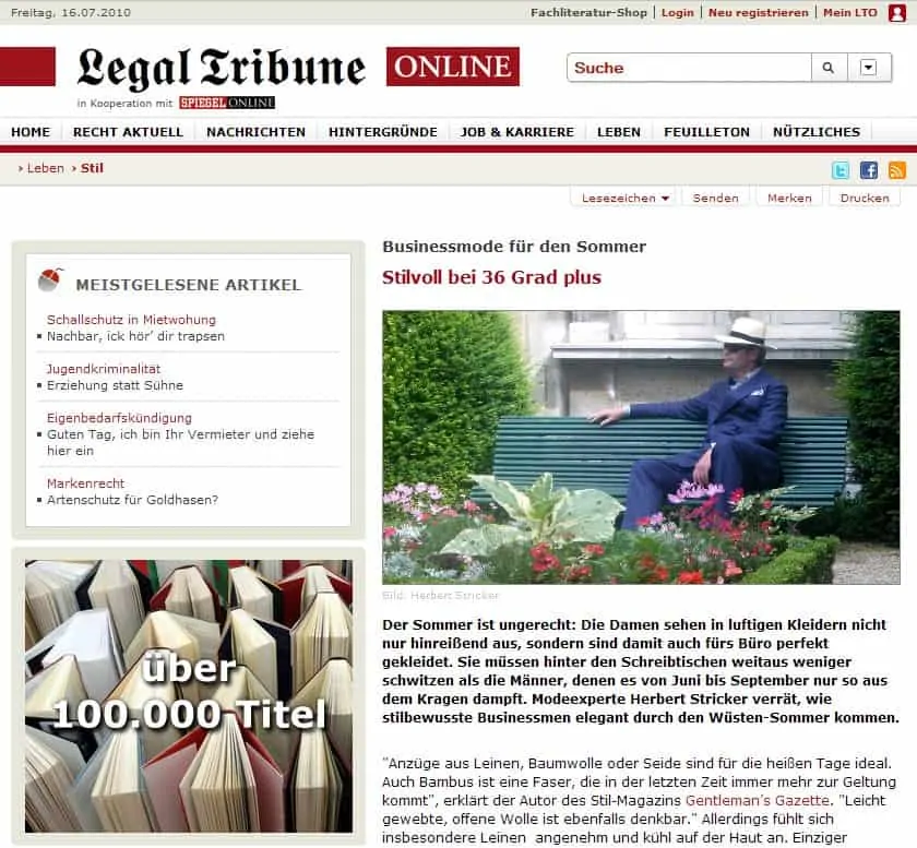 Screenshot of Legal Tribune online with article of Gentleman's Gazette