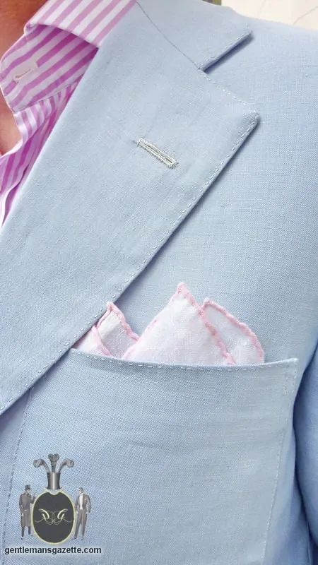 Lapel and exterior breast pocket detailing of the Sky Blue Suit