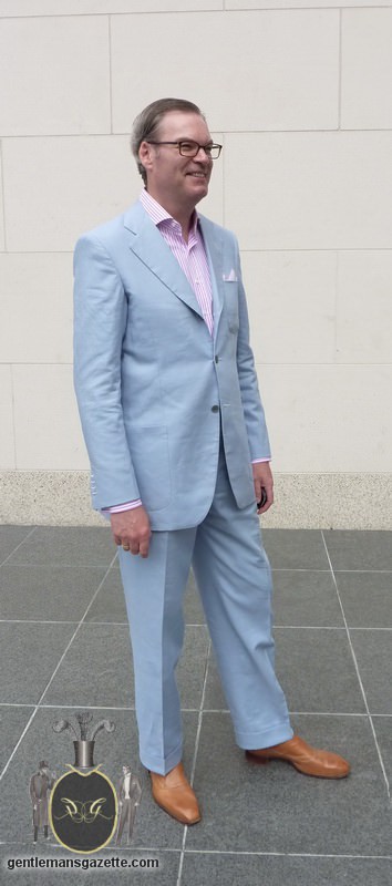 Herbert Stricker poses in a Sky Blue Irish Linen Suit