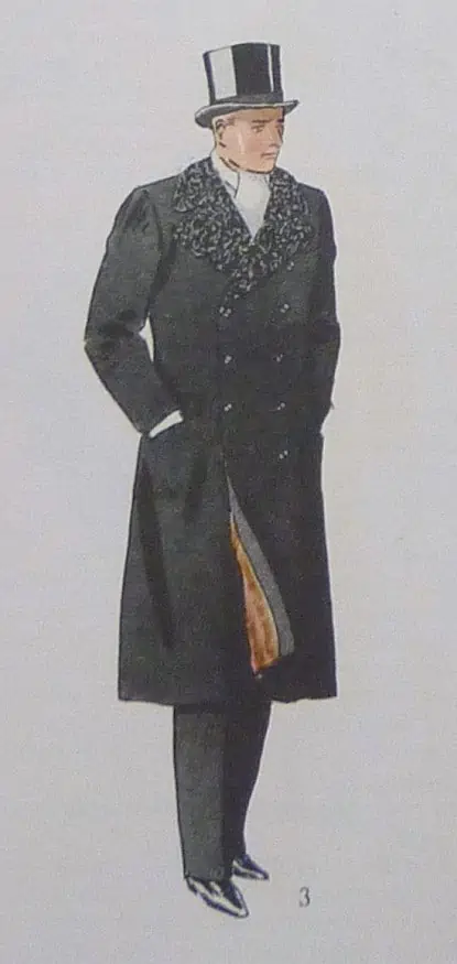 A vintage fashion illustration of a gentleman wearing a topcoat with an Astrakhan collar
