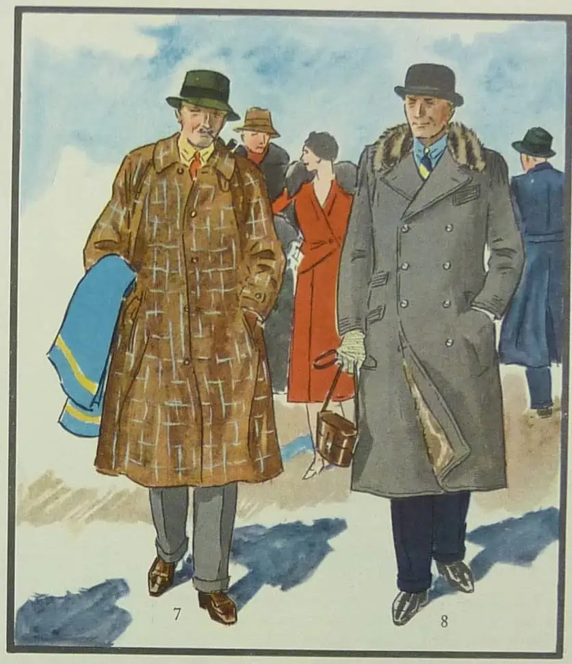 Two gentlemen in a vintage fashion illustration wear respectively a balmacaan and a fur coat