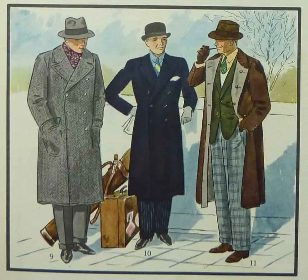 A vintage fashion illustration depicting three men wearing respectively an ulster, a guard, and a reversible overcoat