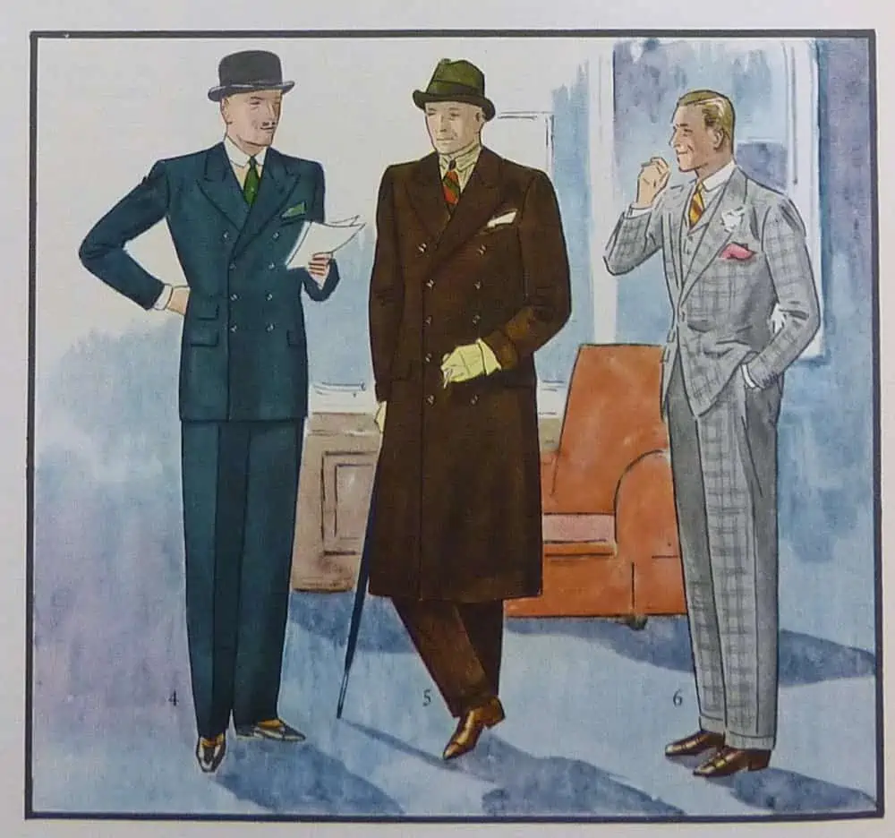 Three men in various suits and overcoats typical of the early 1930s