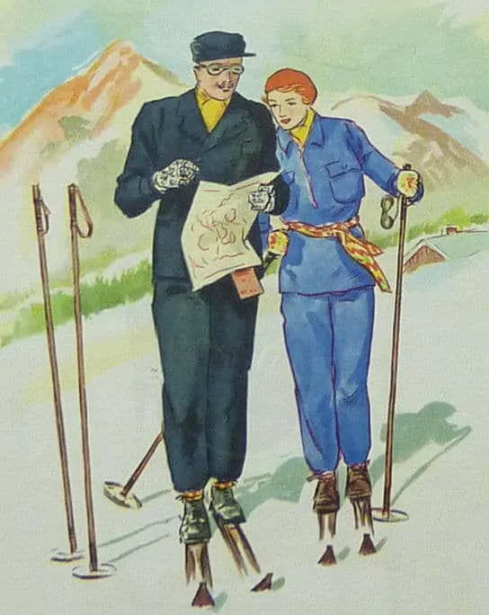 Fashion illustration with two skiers on the slopes from the 1930s