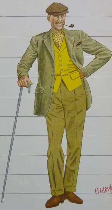 A vintage fashion illustration depicting Green yellow Country outfit Apparel Arts