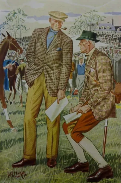 Two men appear in a vintage fashion illustration wearing country clothing at a a Maryland Horse Race