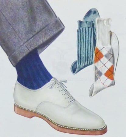 A 1930s ad selling blue, teal, and white socks