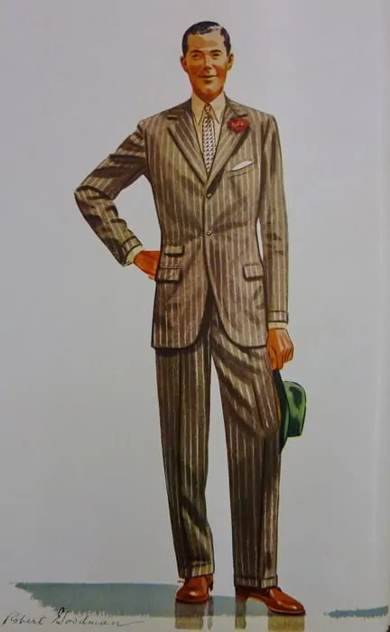 Apparel Arts Illustration by Robert Goodman 1939 showing a brown paddock suit with crem striped, yellow shirt, tie, pocket square and red carnation boutonniere