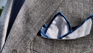 A photograph of a suit with Barchetta and Linen Pocket Square
