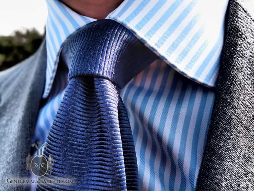 Navy Silk Repp Tie, Cotton Shirt and Fresco Suit