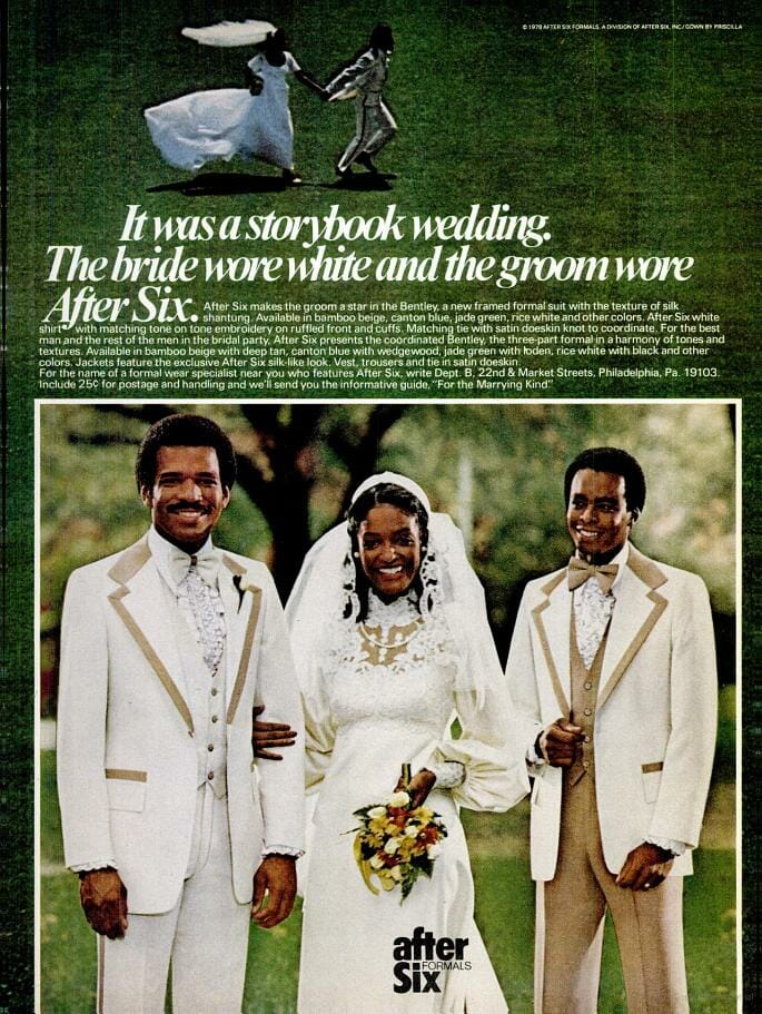 1978 After Six White Tuxedo Ad Wedding formal wear featured prominently in Ebony probably because the magazine targeted both men and women. 1978
