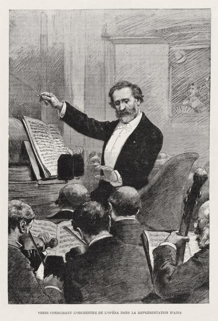 Giuseppe Verdi conducting Aida in Paris 1880 wearing white tie
