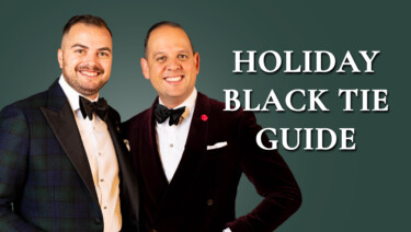 Raphael (at right) and a Gentleman's Gazette fan pose together in festive Holiday Black Tie ensembles with elements including red velvet and black watch tartan dinner jackets; text reads, "Holiday Black Tie Guide"