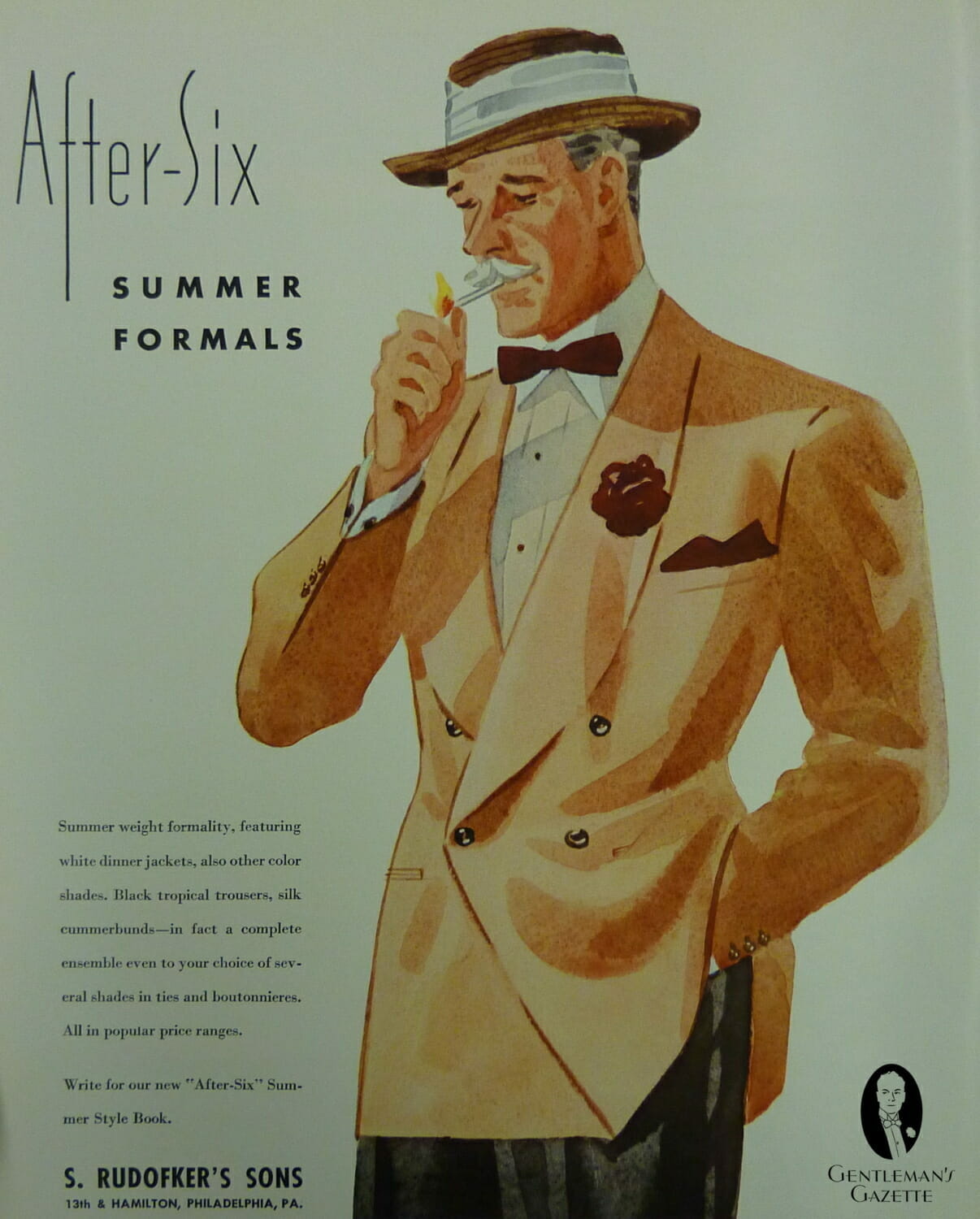 After Six ad from the 1930s showing a DB shawl collar buff DB dinner jacket with straw hat red boutonniere pocket square and bow tie
