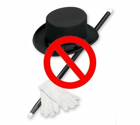Graphic with short top hat, cane and white gloves with red not allowed symbol