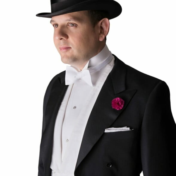 Wing Collar, Single-End Bow Tie, Marcella White Tie Shirt, and Waistcoat with boutonniere, pocket square, and top hat