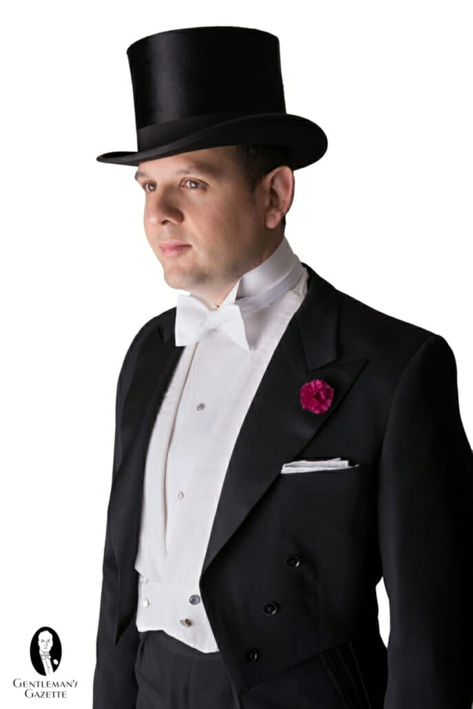 Wing Collar, Single-End Bow Tie, Marcella White Tie Shirt, and Waistcoat with boutonniere, pocket square, and top hat