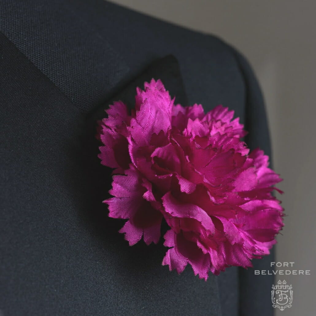 When Worn Details of Purple Carnation Boutonniere