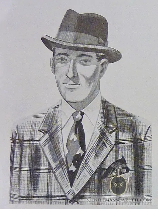 An illustration of a man wearing a Dark Homburg Hat, Glen Urquhart Plaid Tweed Jacket, Animal Pattern Wool Tie