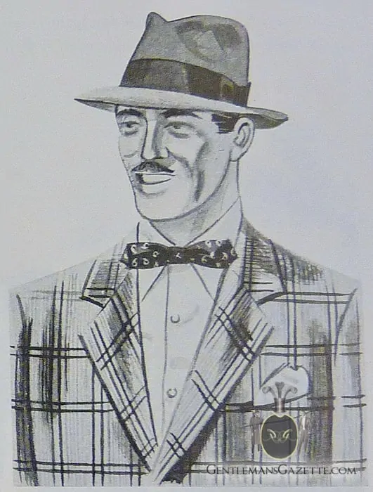 An illustration of a man wearing a Pinch Crown Snap Brim Ha, Double Overplaid Tweed Jacket, Batwing Bow Tie