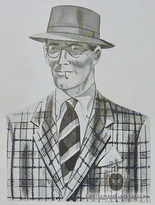 An illustration of a man wearing a Pork Pie Hat, Bold Plaid, Striped Tie, Button Down Collar Shirt