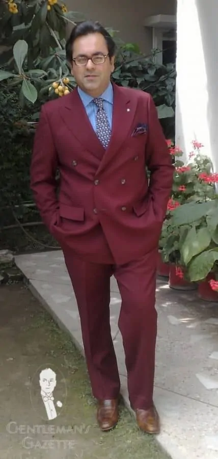 Burgundy Red Suit with Blue and Brown Accessories