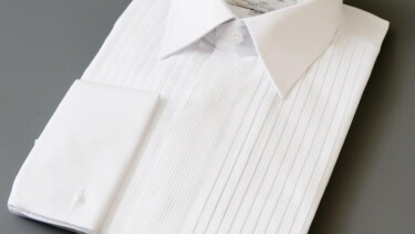 White pleated tuxedo shirt with turndown collar and double cuffs