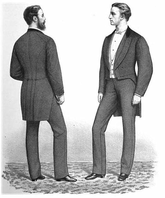 1871 English dress coats with velvet collars and unfaced lapels. (West-End Gazette)