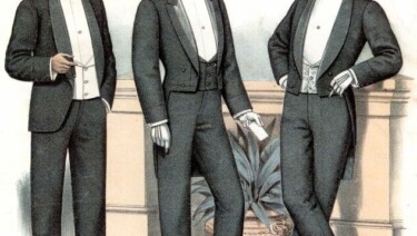 1893 British evening wear featuring partially-faced peak lapels (centre), fully-faced shawl collars (left and right) and sleeve cuffs (all figures).