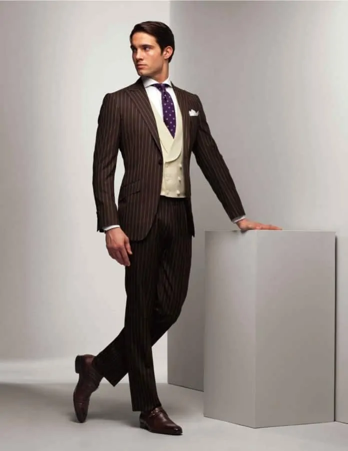 Brown Chalk Stripe Suit with Double Breasted Vest