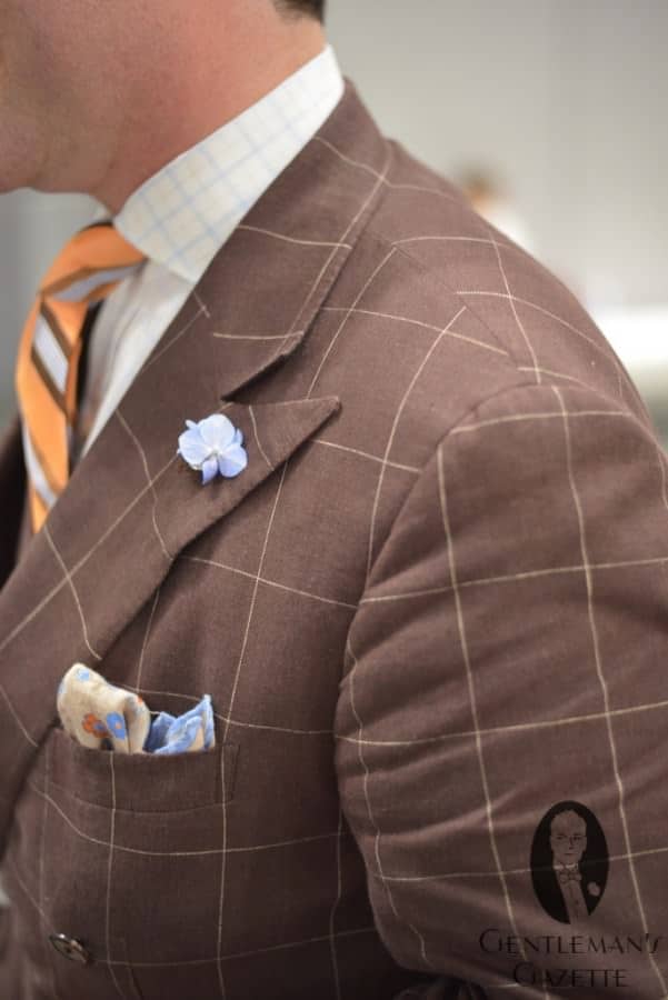 Brown Windowpane Suit Ralph Lauren Purple Label with Boutonniere, pocket Square and Tie