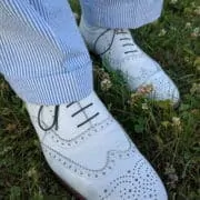 White Bucks with Seersucker and green Fort Belvedere shoelaces