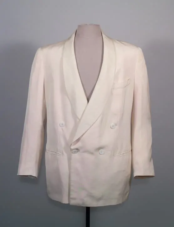 Double-breasted, cream linen dinner jacket, Brod 1953