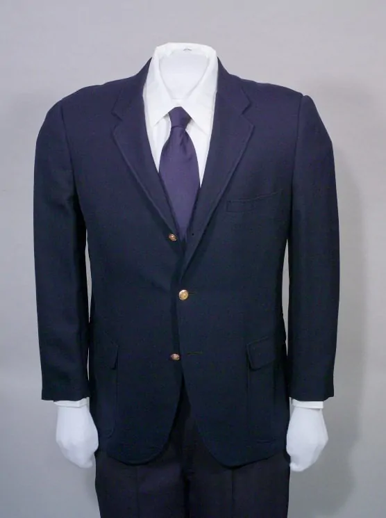 Single-breasted, navy blue blazer, gold buttons with presidential seal, ca. 1970