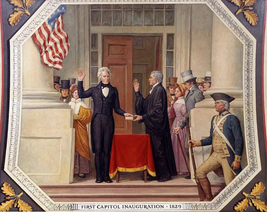 Andrew Jackson at the first capitol inauguration in 1829 with tailcoat, high cut waistcoat & black bow tie