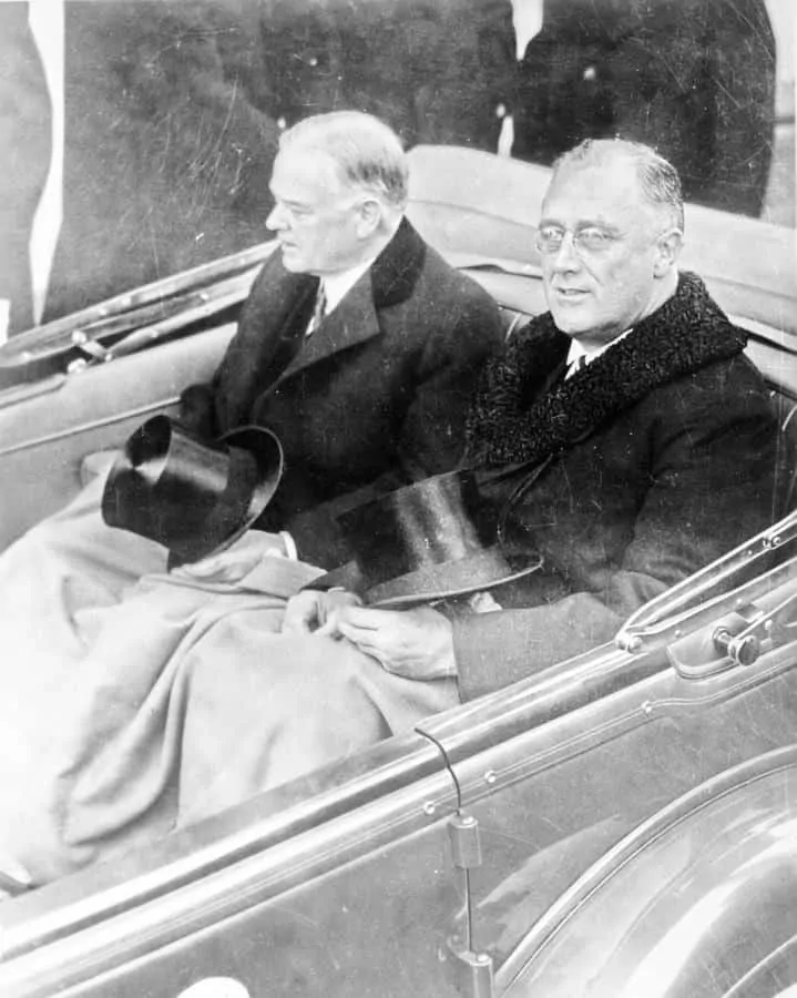 Franklin Delano Roosevelt and Herbert Hoover in convertible automobile on way to Capitol for Roosevelt's inauguration, March 4, 1933