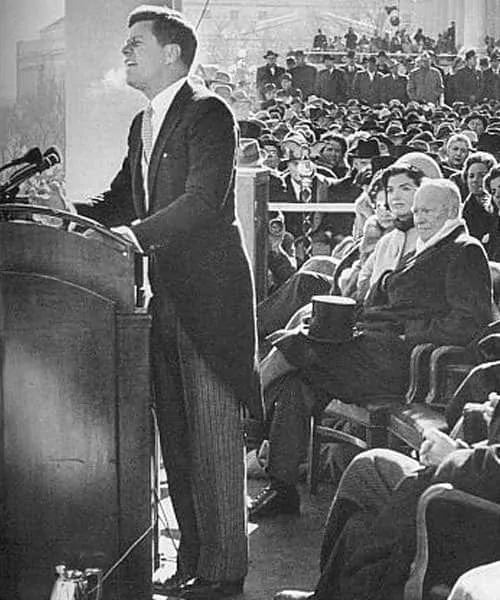 John F. Kennedy in morning dress delivering his inaugural address, January 20, 1961