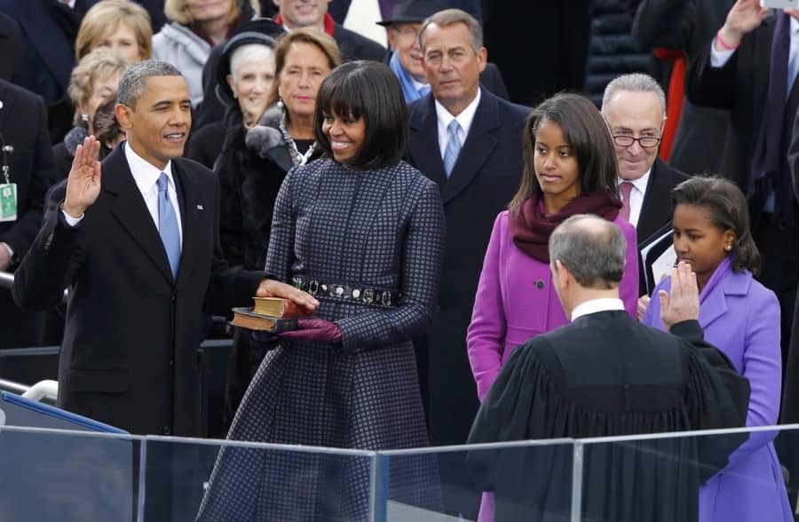 U.S. Supreme Court Chief Justice John Roberts administers the oath of office to U.S. President Barack Obama during ceremonies in Washington