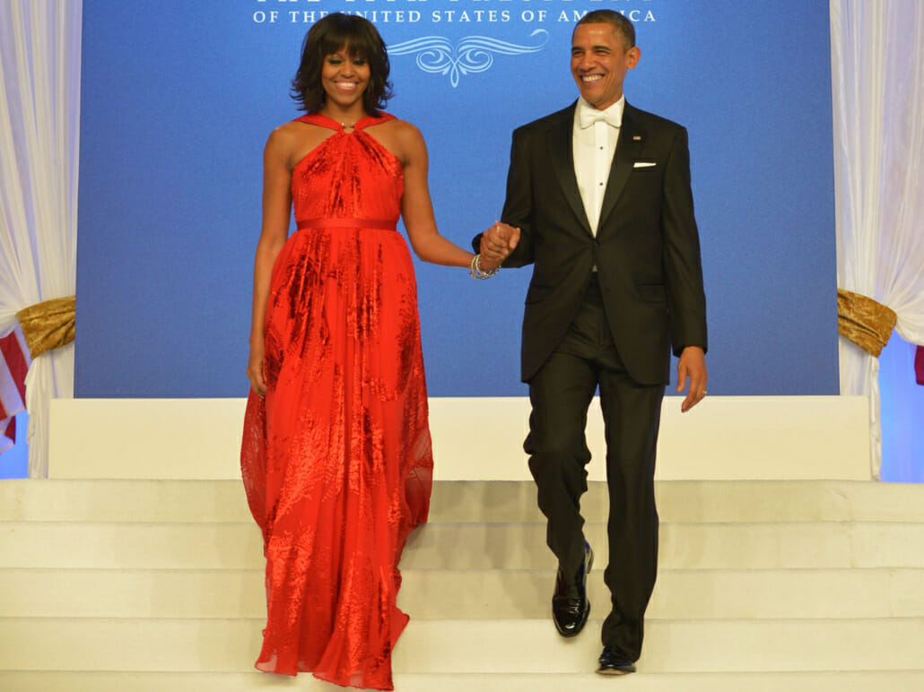 Obama wore a notched lapel tuxedo flap pockets and a white bow tie - he looked like he rented the ensemble