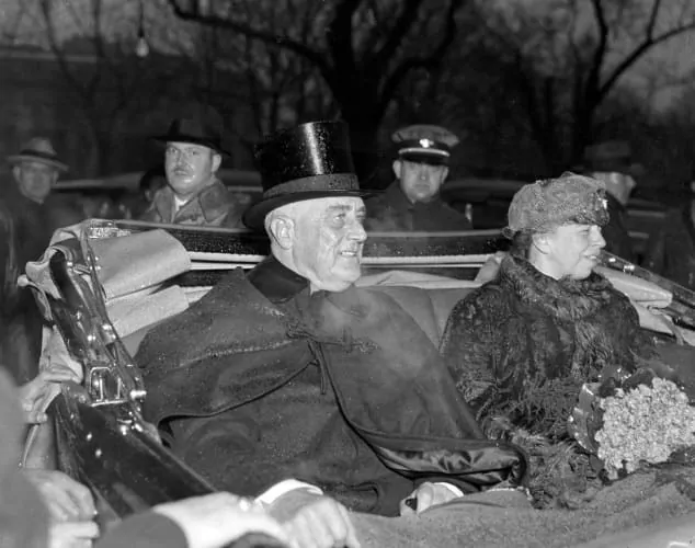 President Franklin D. Roosevelt inauguration, 1937 with shiny top hat and evening overcoat with cape and frog closure